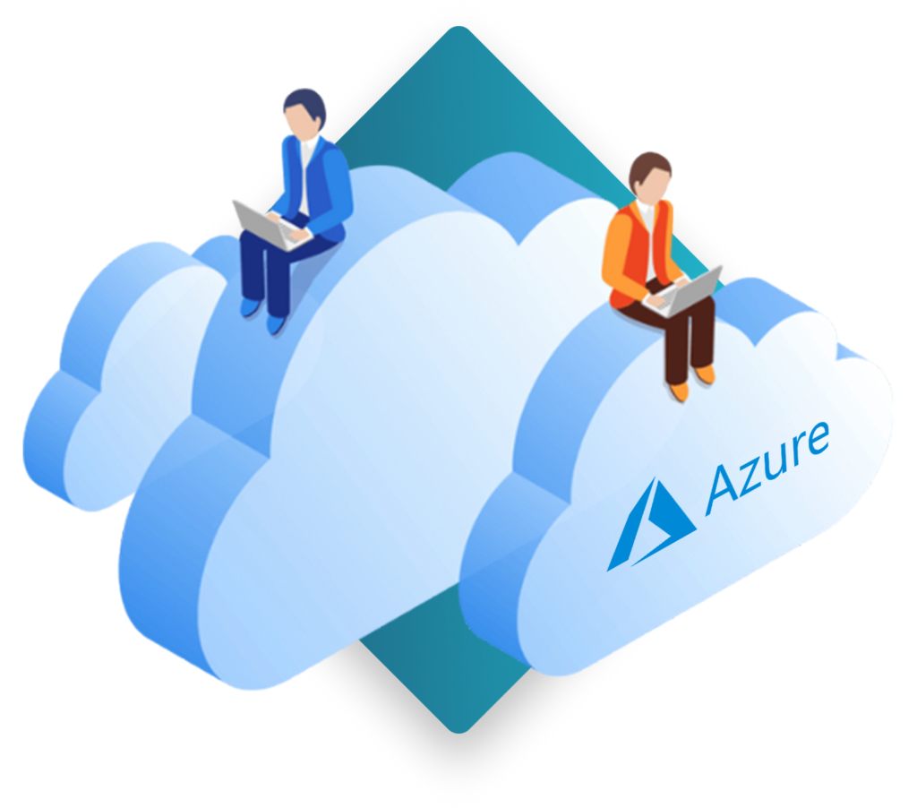 Zwei Personen als Cartoon gezeichnet sitzen mit Laptop auf dem Schoss auf drei Azure Wolken