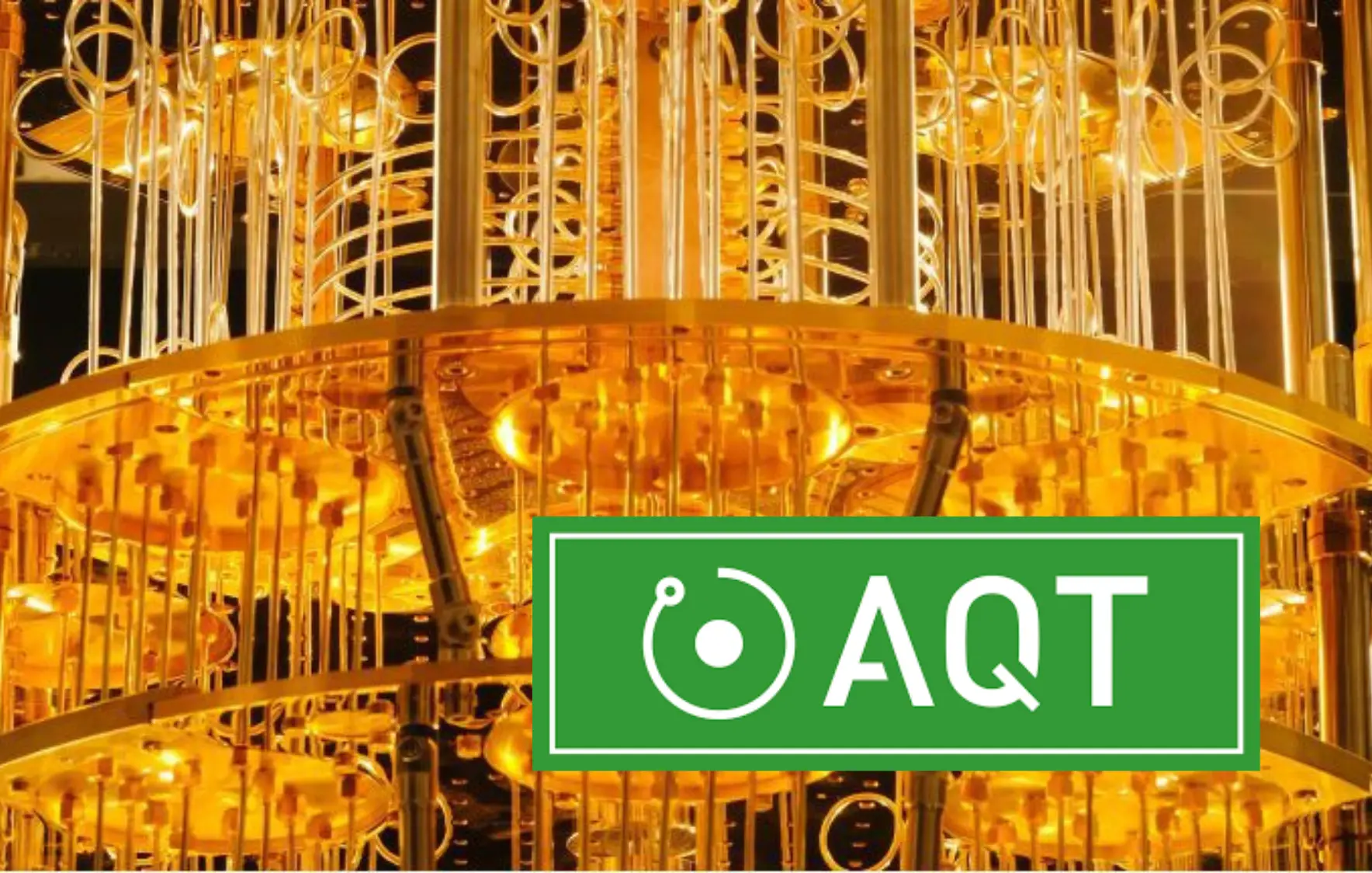 Teilstück eines fiktionären Quantencomputer mit dem AQT-Logo im Vordergrund.