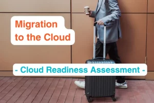 Eine Person läuft mit einem Getränkebecher und einem Koffer in der anderen Hand einen gepflasterten Weg entlang. Davor der Schriftzug Migration to the Cloud - Cloud Readiness Assessment -.