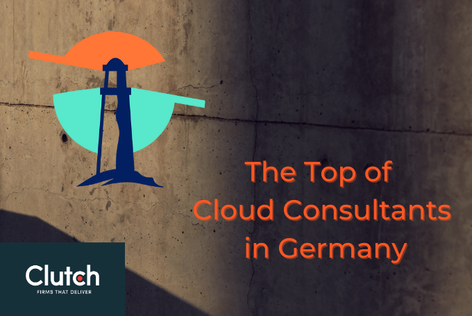 Oben links befindet sich das Thinkport Logo, unten links das Clutch Logo und rechts der Schriftzug The Top of Cloud Consultants in Germany