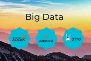 Im Hintergrund sieht man Berge mit den im Vordergrund der 3 Logos von "Spark", "Databricks" sowie "Trino"