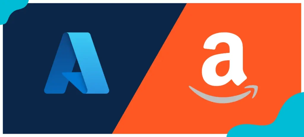 Das Rechteck ist geteilt in rechter Teil mit blauen Hintergrund und Azure Logo davor sowie auf der linken Seite das AWS Logo auf orangenen Hintergrund.