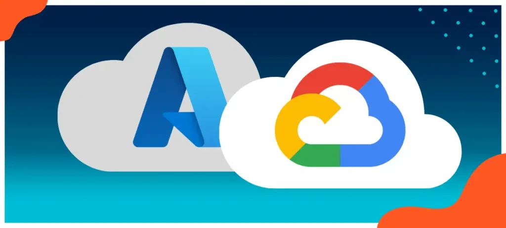 Zwei weiße Wolken auf blauen Hintergrund. In den Wolken jeweils das Azure Logo in der einen Wolke und in der anderen das GCP Logo.