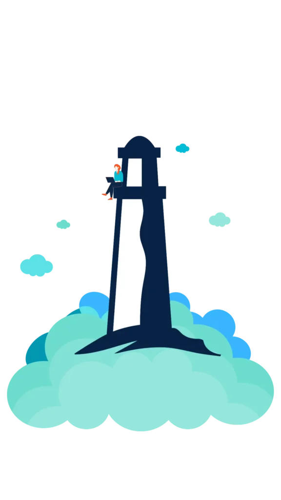 Ein Leuchtturm mittig im Bild mit einer Person oben rechts ist im Cartoon Stil dargestellt.