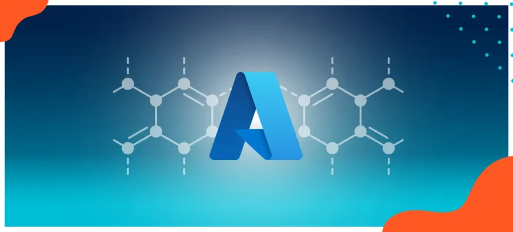 DAs Azure Logo vor blauen Hintergrund mit einer Weißen durchschimmernden Molekül-Struktur im Hintergrund.