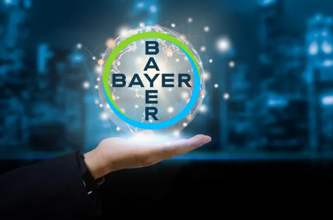 ausgestreckte Hand mit einer über der Handfläche schwebenden Lichtkugel und dem Bayer Logo