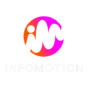 das Logo von infomotion, bestehend aus einer Kugel in den Farben Rosa und Orange, mit dem Namen in Rosa
