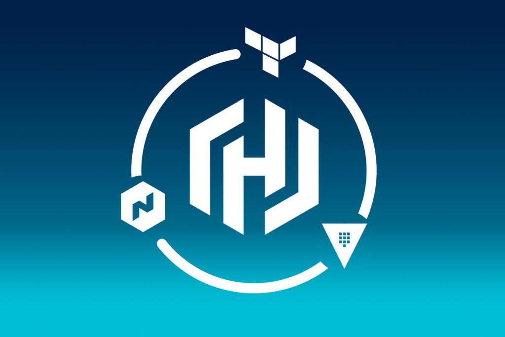 Auf einem Hintergrund mit blauem und türkisem Farbverlauf ist das Hashicorp-Logo in Weiß mit Pfeilen zu sehen, die das Terraform-, das Vault- und das Nomad-Logo verbinden und das Ökosystem von Hashicorp darstellen.