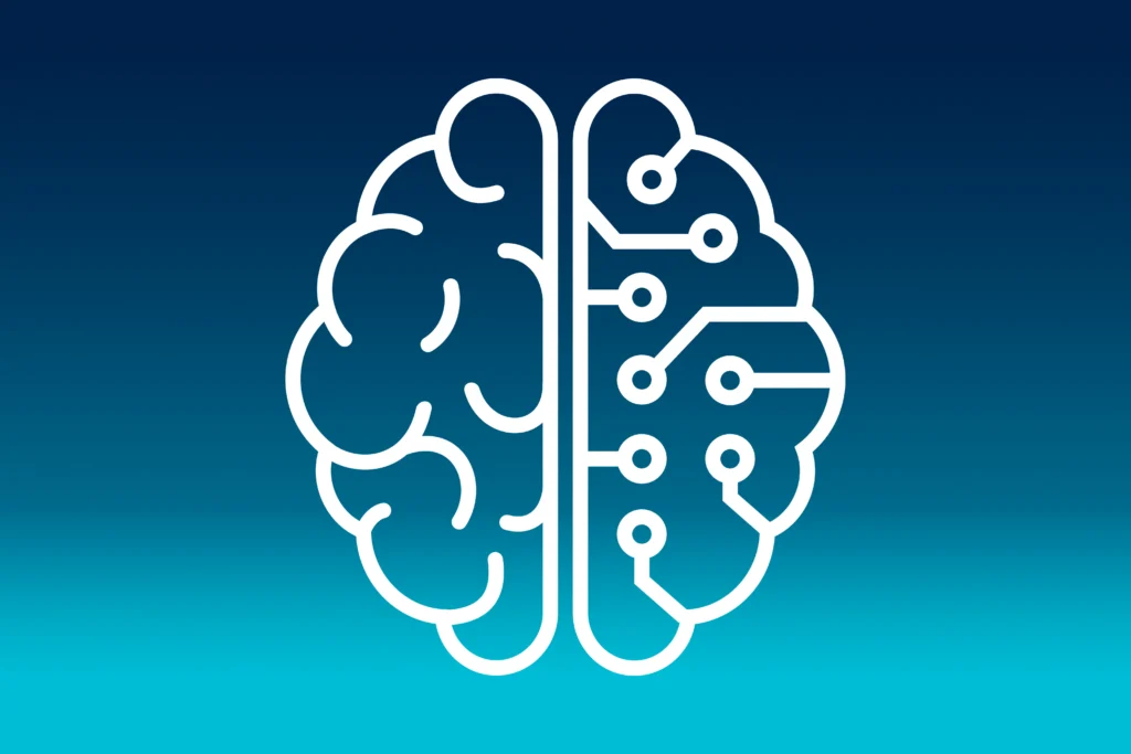 Symbol eines halben menschlichen Gehirns und eines halben technischen Gehirns in Weiß auf einem blauen Hintergrund mit Farbverlauf