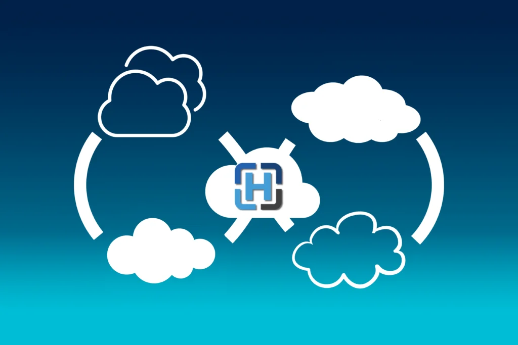 Bild einer Cloud Cyclus mit unterschiedene Arten Clouds, und ein Symbol der Unendlichkeit mit Orthank-Logo, in Weiß auf einem blauen Hintergrund mit Farbverlauf