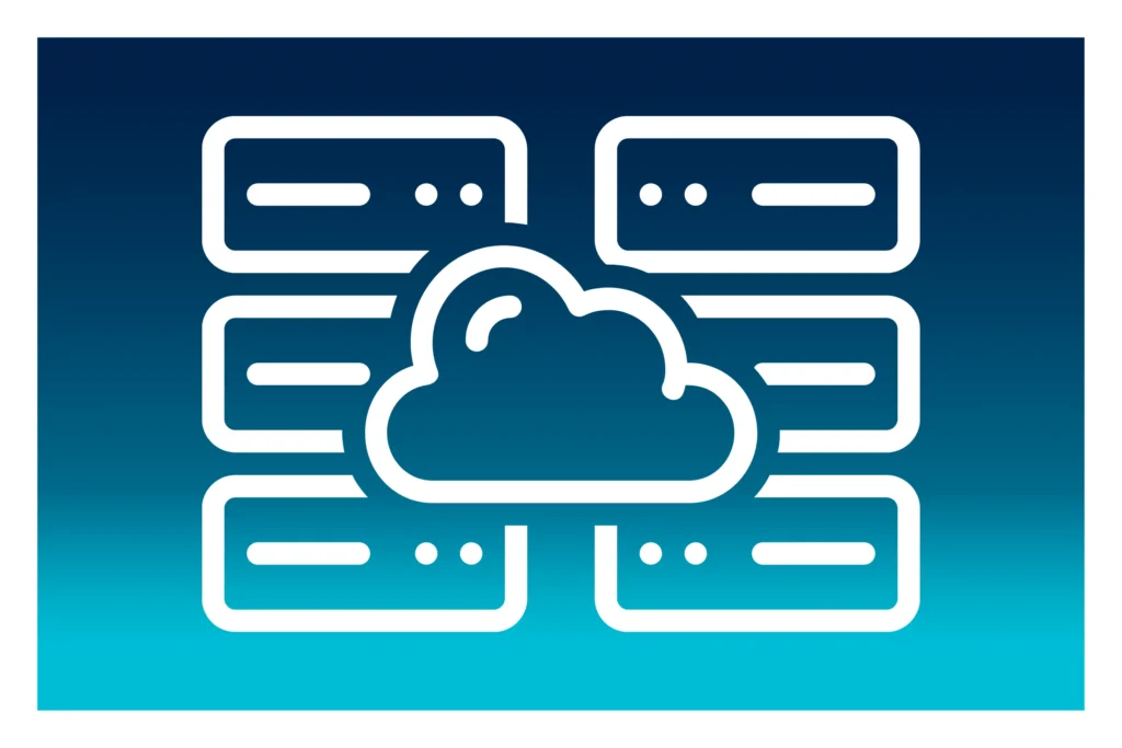 icon of cloud server in blue over a blue gradient background