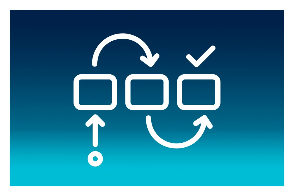 white icon of workflow between 3 phases over a blue gradient background
