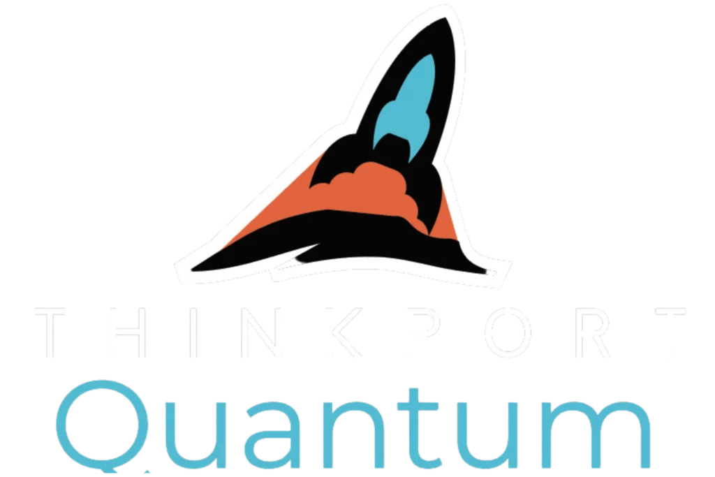 Quantum-Logo mit einer Rakete in Orange und Türkis