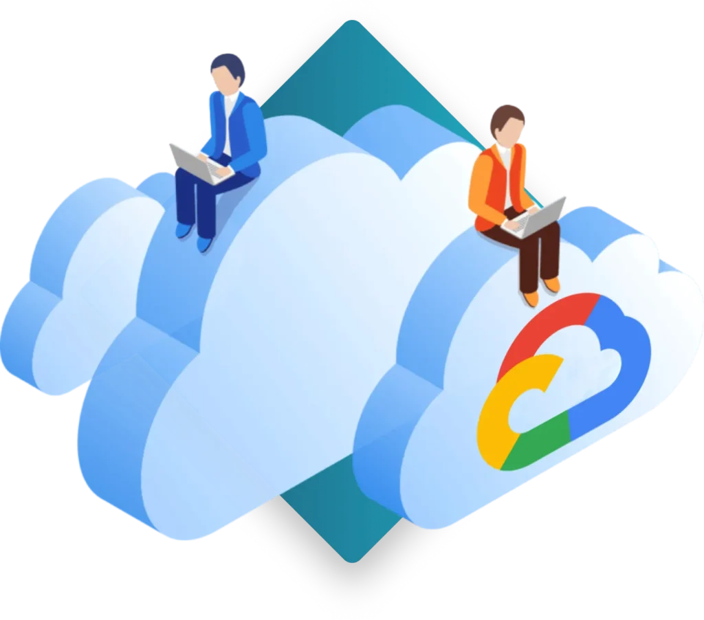 bild von Wolken mit GCP logo und zwei Cloud Architecs