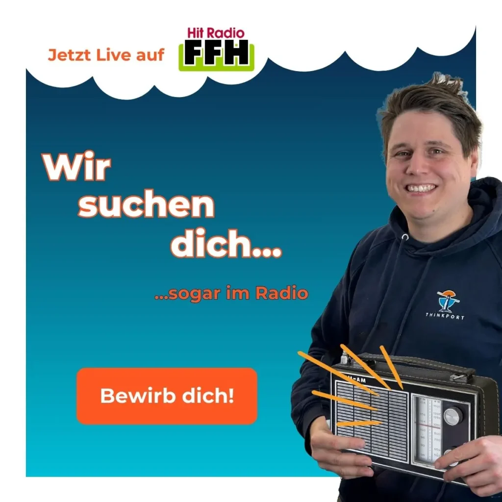 worker smiling and holding a radio, with the text "Wir suchen dich"